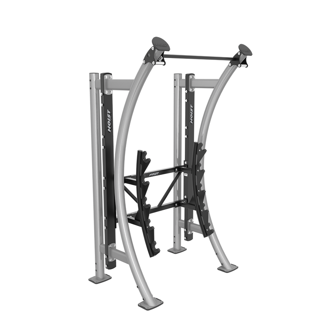  angled view of Hoist PS-Barbell Rack featuring multiple storage slots for barbells and heavy-duty commercial gym construction