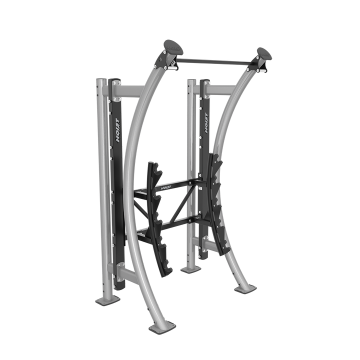  angled view of Hoist PS-Barbell Rack featuring multiple storage slots for barbells and heavy-duty commercial gym construction