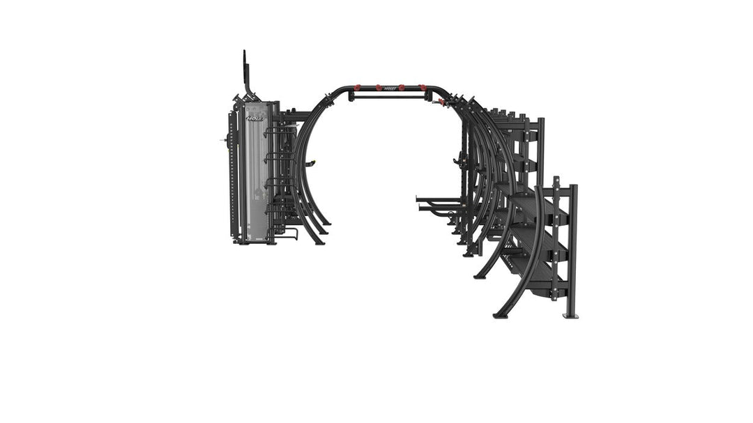 side view of Hoist Seven Element Functional Bridge highlighting modular workout stations and integrated storage solutions