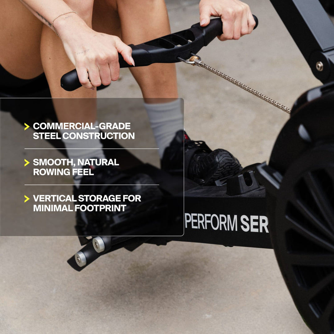 Handlebar and commercial-grade frame of the Centr Perform Series rowing machine.