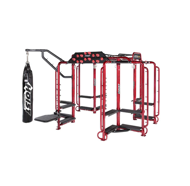 multi-user functional training cage with pull-up handles, workout platforms, and integrated commercial fitness accessories