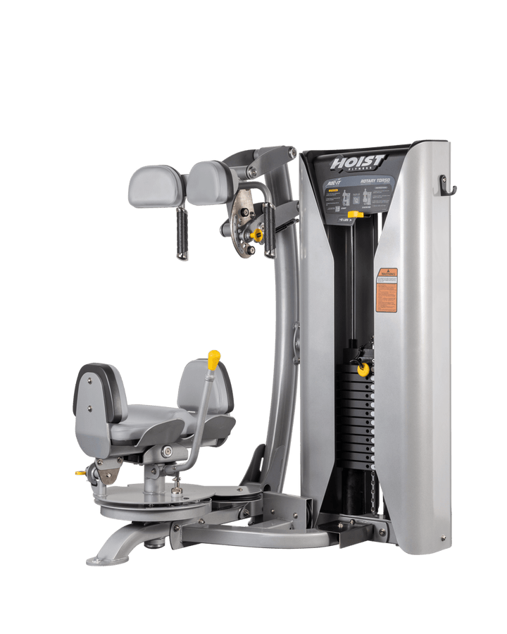 side profile of Rotary Torso machine featuring ergonomic seating and rotational core exercise design