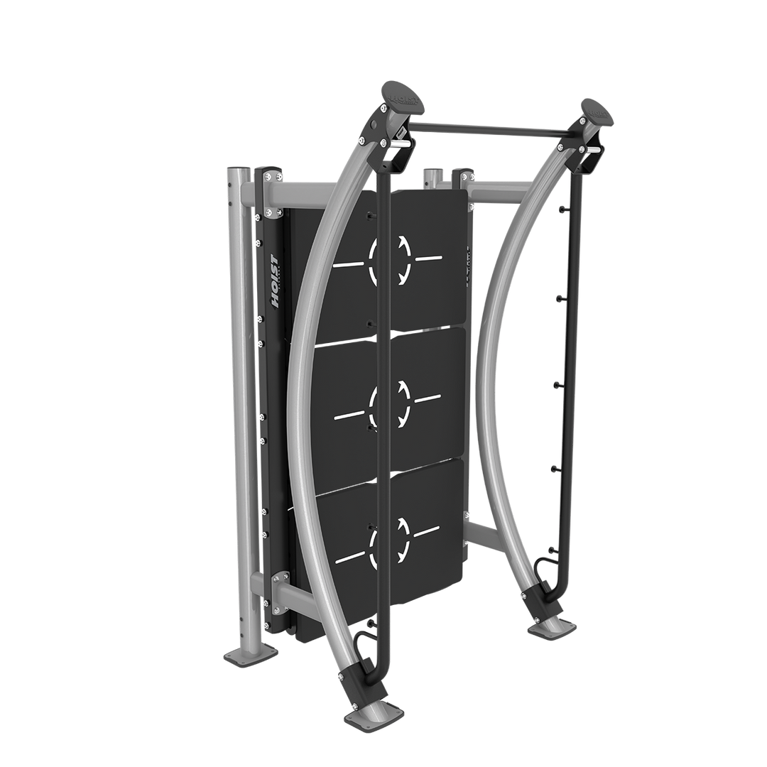 angled view of Hoist PS-Stall Bar featuring durable wall-style training panels for flexibility, rehabilitation, and functional fitness exercises