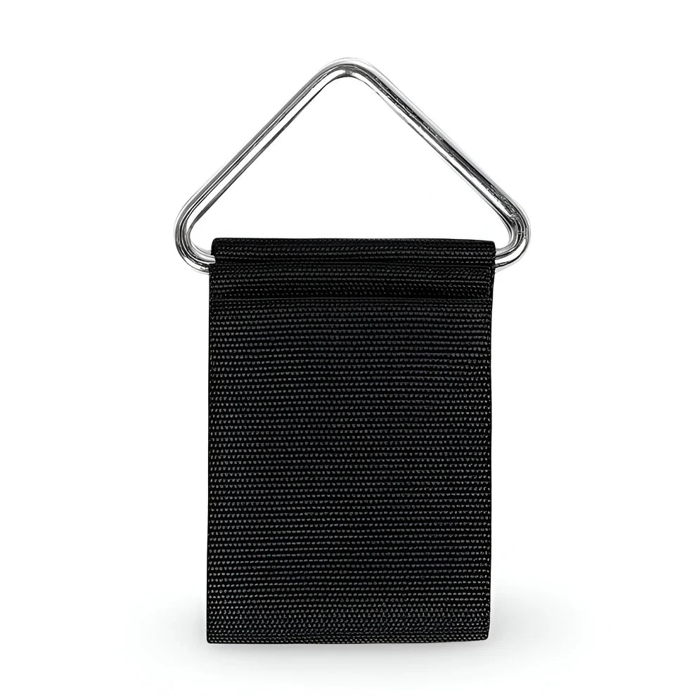 folded black chin dip belt showing durable strap and metal attachment loop