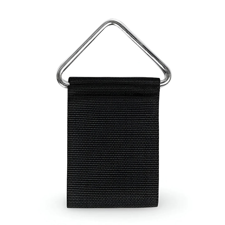 folded black chin dip belt showing durable strap and metal attachment loop