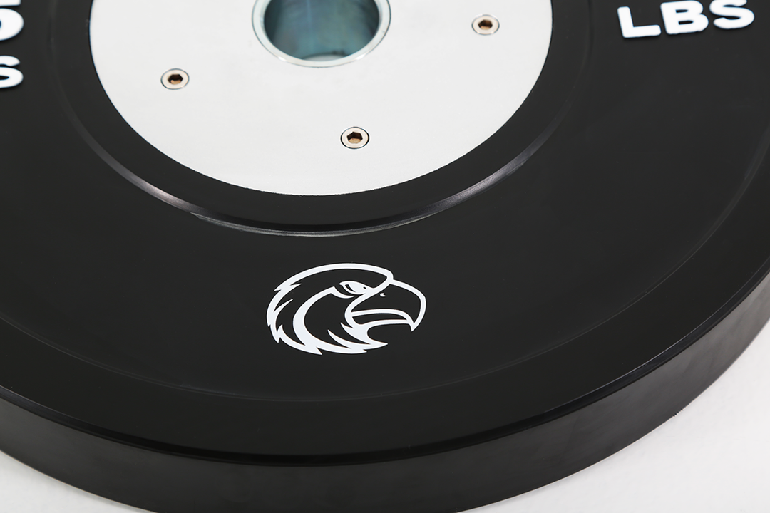 Close-up view of heat-transferred logo on custom competition bumper plate