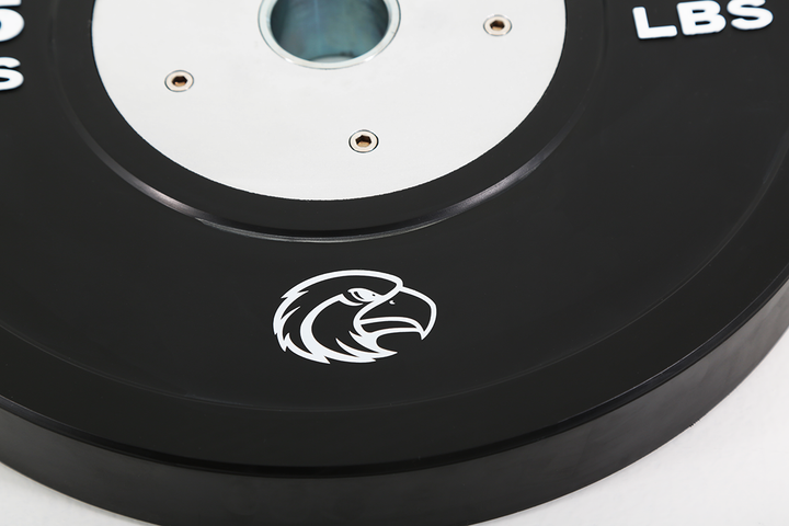 Close-up view of heat-transferred logo on custom competition bumper plate