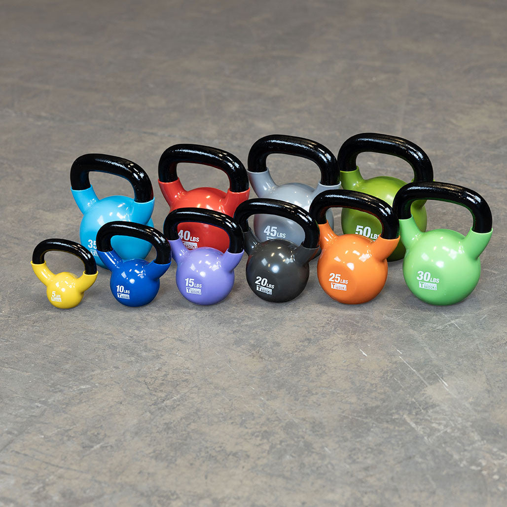 Complete colorful kettlebell set in multiple weight sizes
