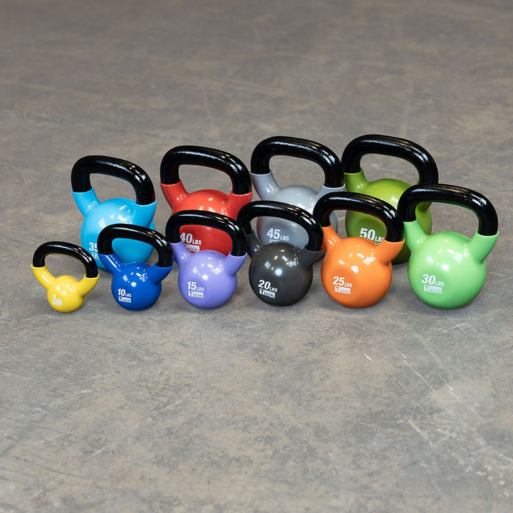 Complete colorful kettlebell set in multiple weight sizes