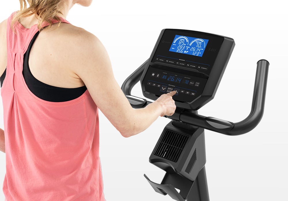 Close-up of the Horizon 5.0U exercise bike console controls.