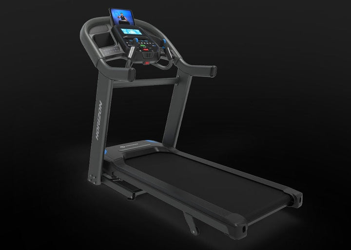 Angled view of the Horizon 7.4 AT treadmill with Bluetooth console.