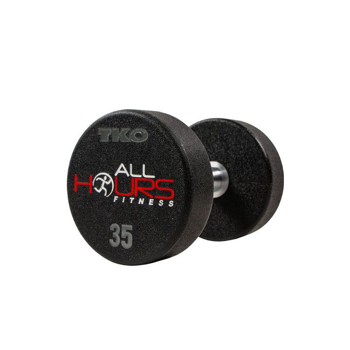 Examples of custom-branded urethane dumbbells with different organization logos