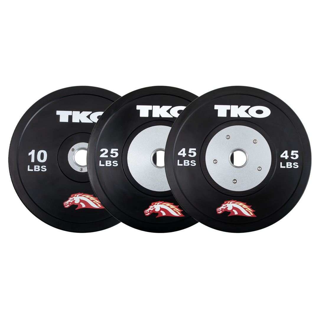 Multiple custom competition bumper plates displayed in various weight sizes
