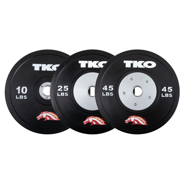 Multiple custom competition bumper plates displayed in various weight sizes