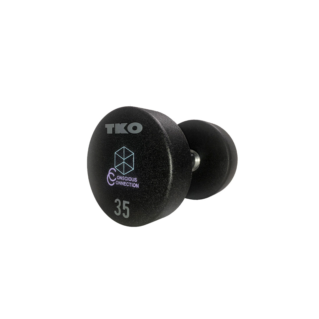 Urethane dumbbells customized with gym, school, and organization logos for branding purposes
