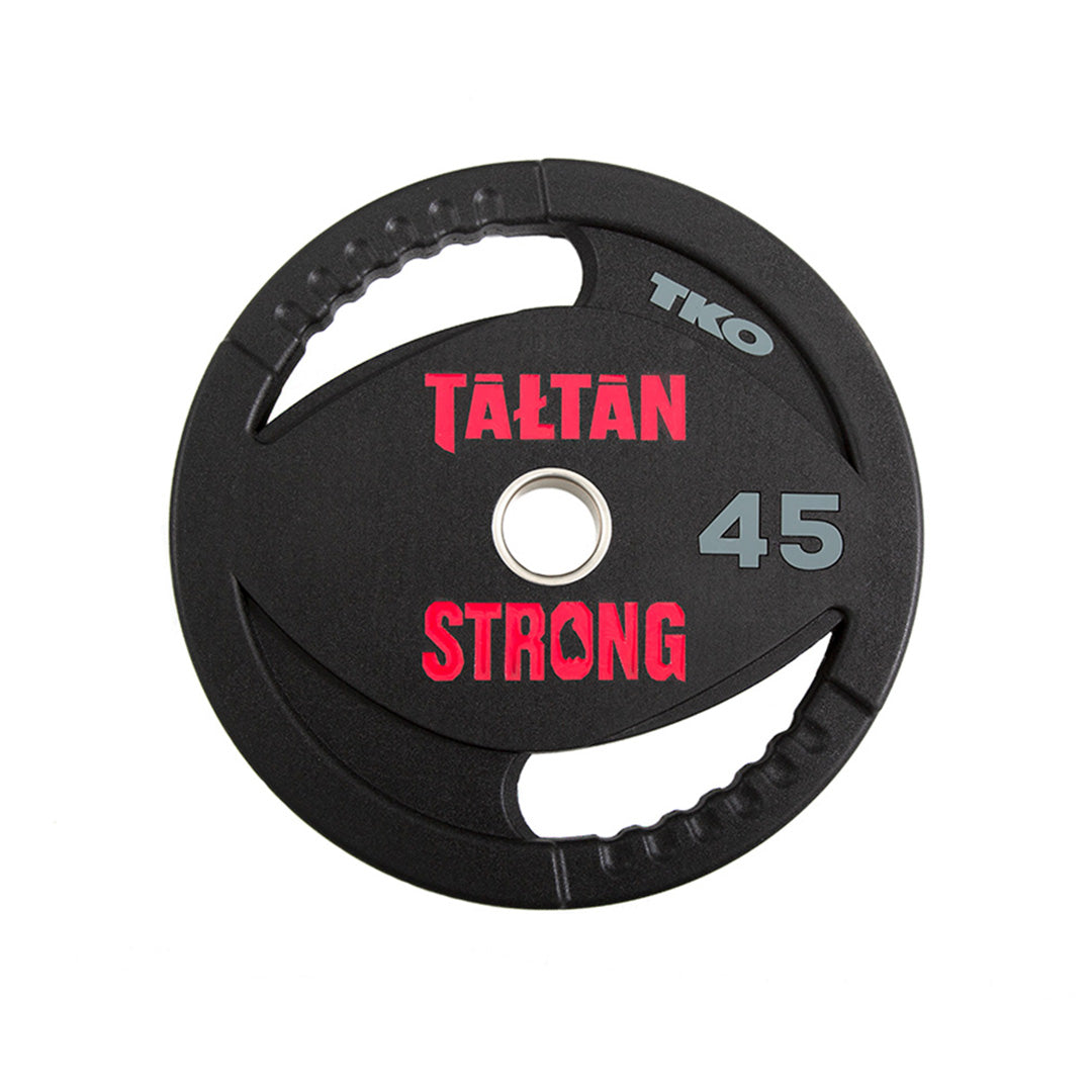 Front view of custom Olympic urethane weight plate with laser-engraved branding