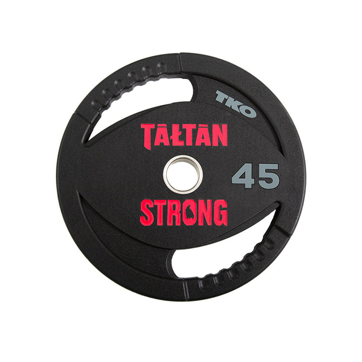 Front view of custom Olympic urethane weight plate with laser-engraved branding