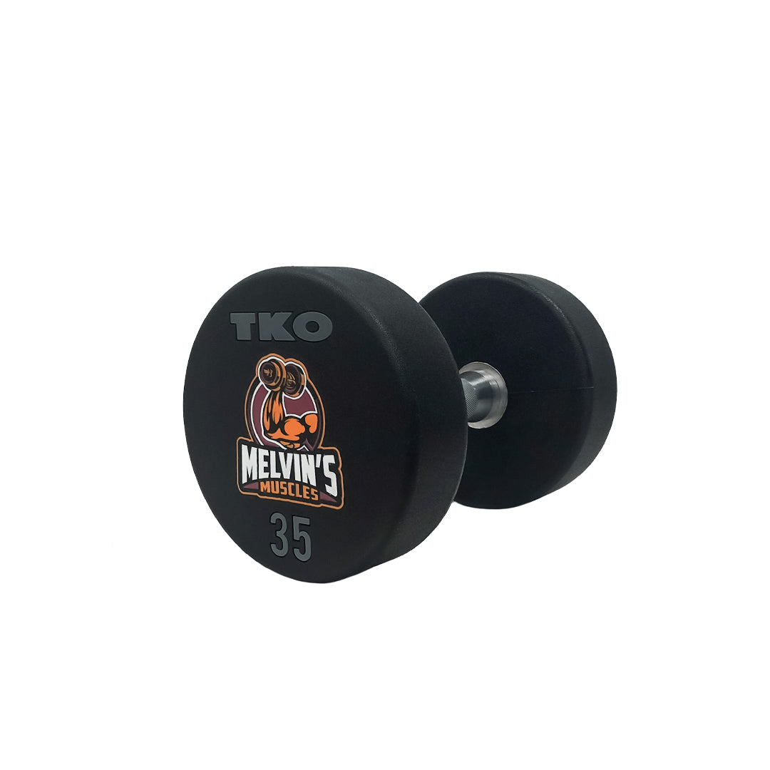Selection of custom urethane dumbbells featuring laser-engraved logos and branding