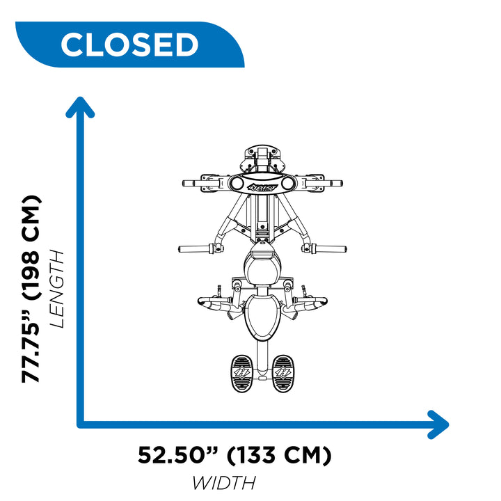 overhead diagram showing closed footprint of decline chest press machine at 77.75 inch length and 52.50 inch width