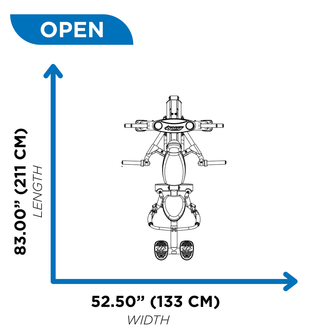 overhead diagram showing open footprint of decline chest press machine at 83.00 inch length and 52.50 inch width