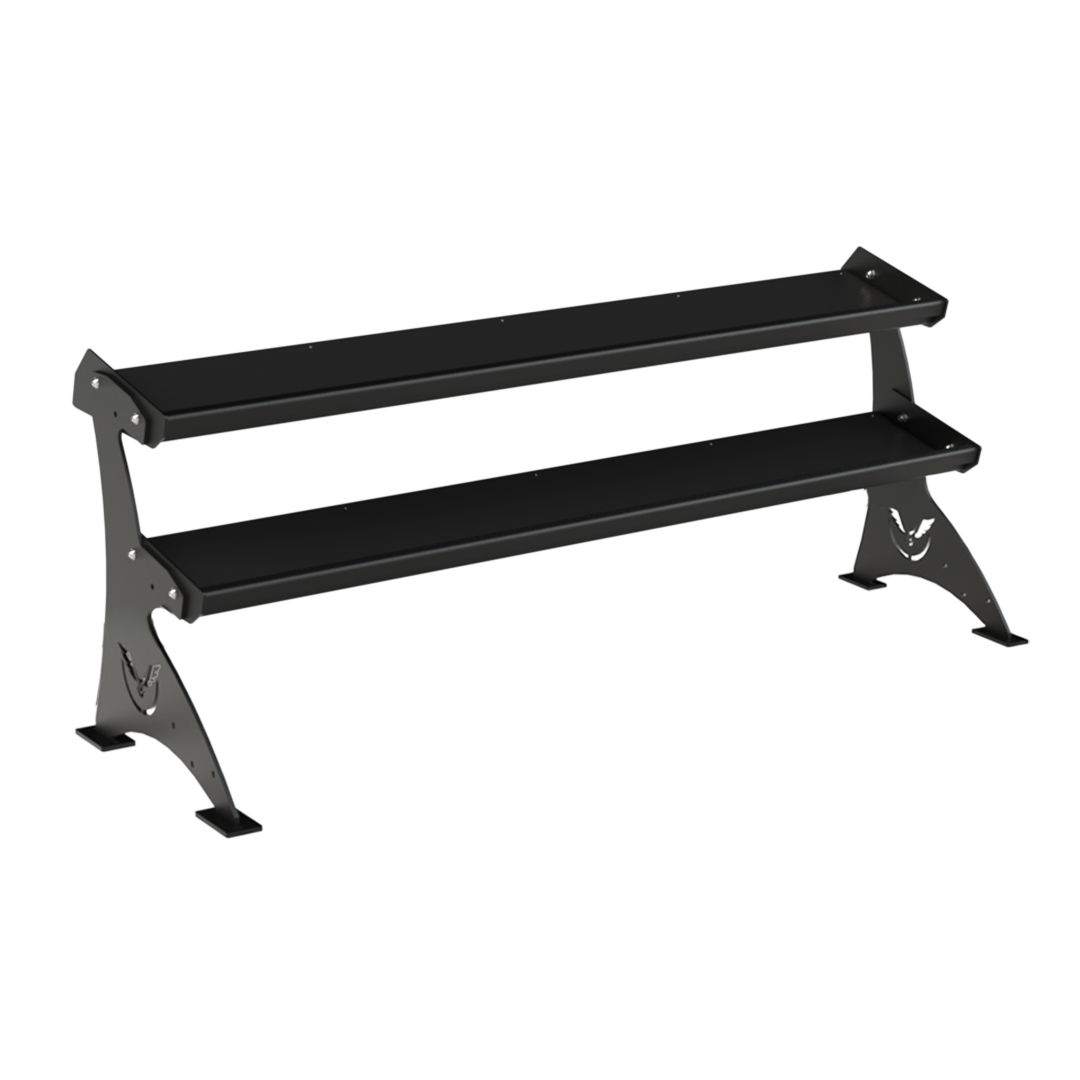 Angled view of the Defiant Strength 2 tier adjustable tray storage rack.