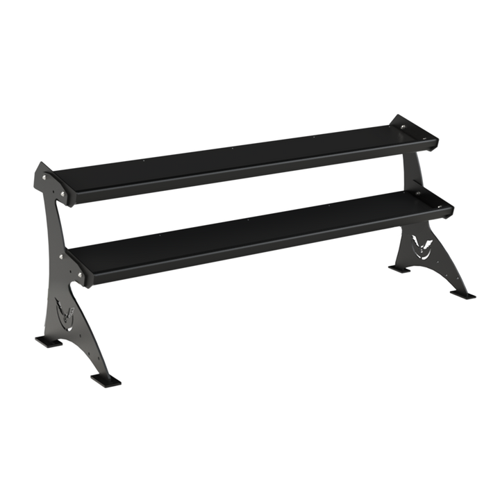 Angled view of the Defiant Strength 2 tier adjustable tray storage rack.