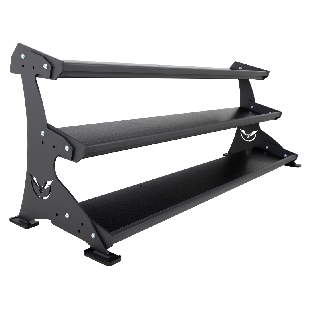 Angled view of the Defiant Strength 3 tier adjustable tray storage rack.