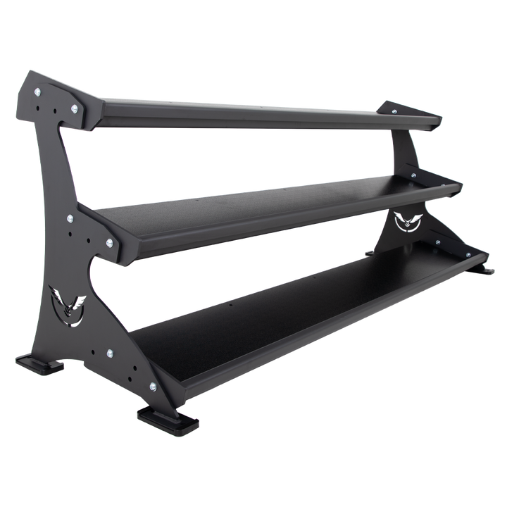 Angled view of the Defiant Strength 3 tier adjustable tray storage rack.