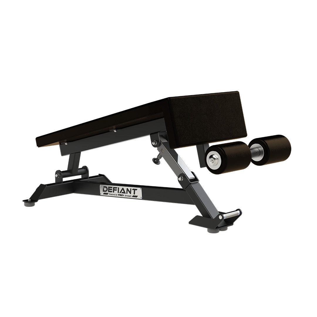 Defiant Strength adjustable decline weight bench with leg rollers