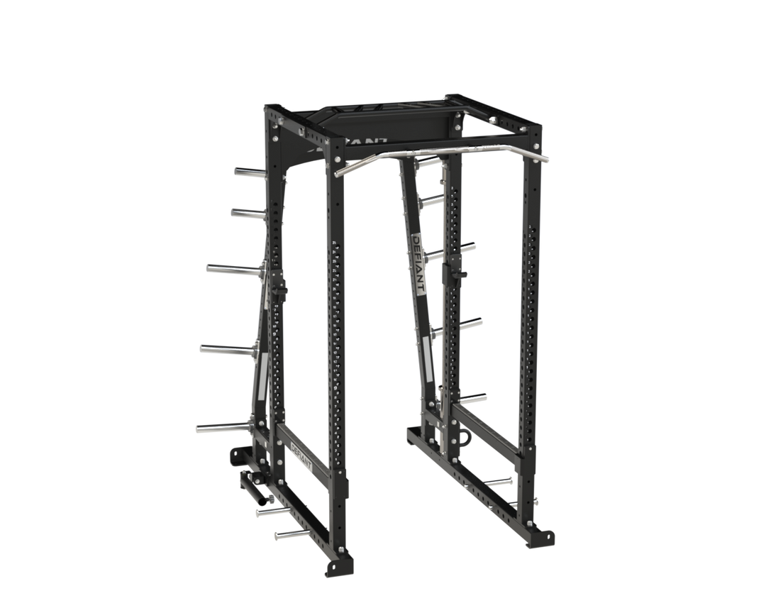 Defiant Strength commercial power rack with integrated plate storage and multi-grip pull-up bar.