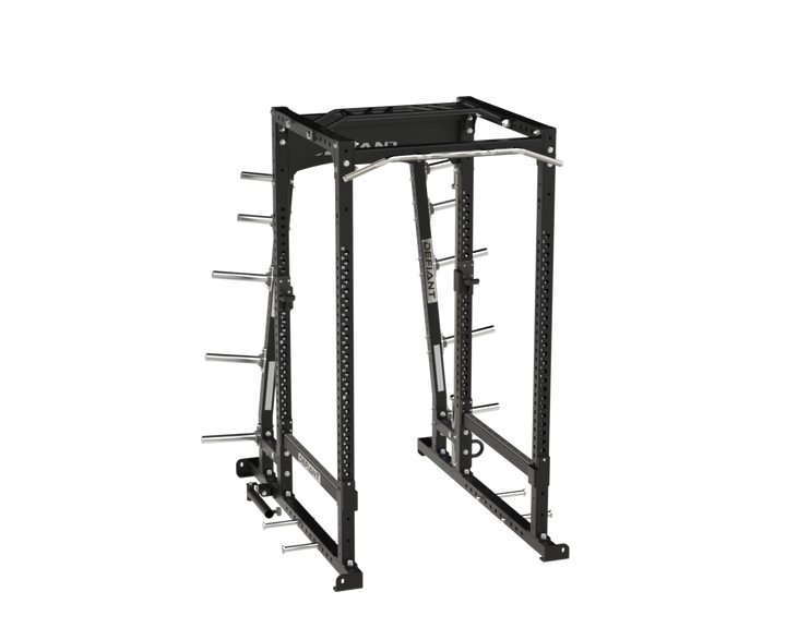 Defiant Strength commercial power rack with integrated plate storage and multi-grip pull-up bar.