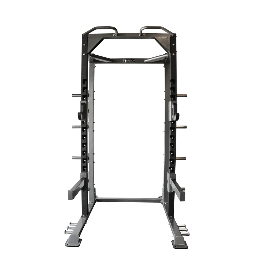 Defiant Strength DS-901HR commercial half rack with integrated plate storage and chin-up bar.