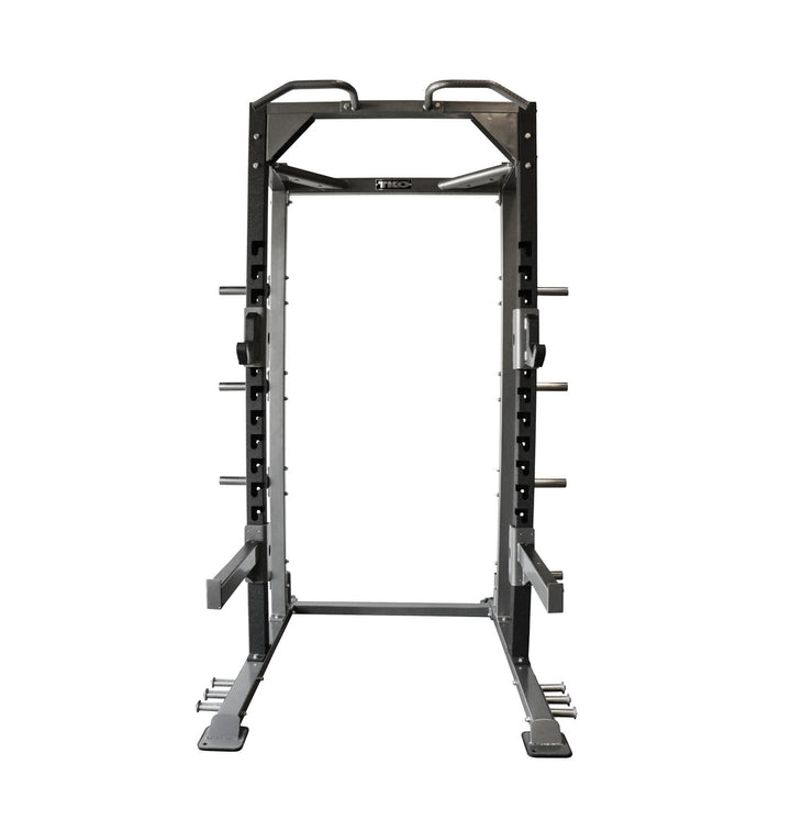 Defiant Strength DS-901HR commercial half rack with integrated plate storage and chin-up bar.