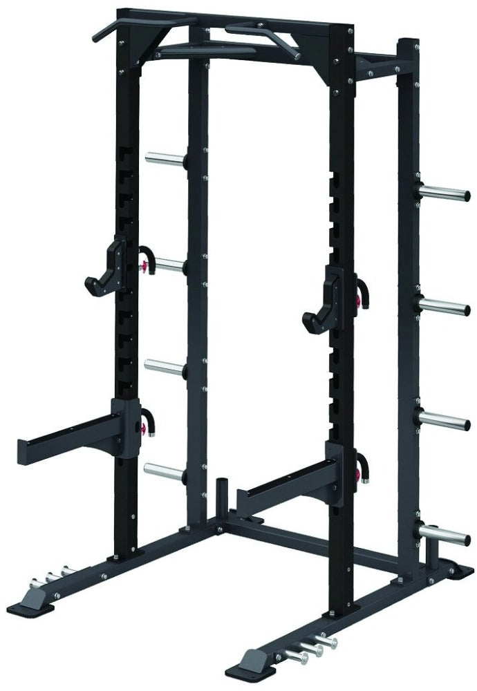 Angled view of the Defiant Strength DS-901HR half rack showing steel frame and plate storage.