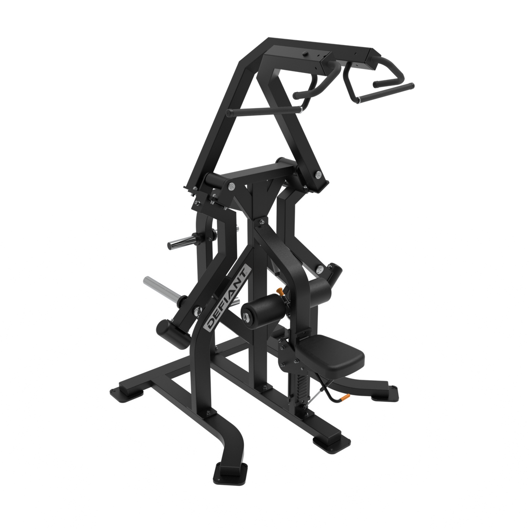 Defiant Strength plate loaded iso-lateral circular lat pulldown machine with independent lever arms.