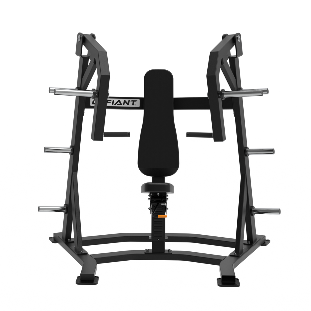 Defiant Strength plate loaded iso-lateral incline chest press with independent converging press arms.