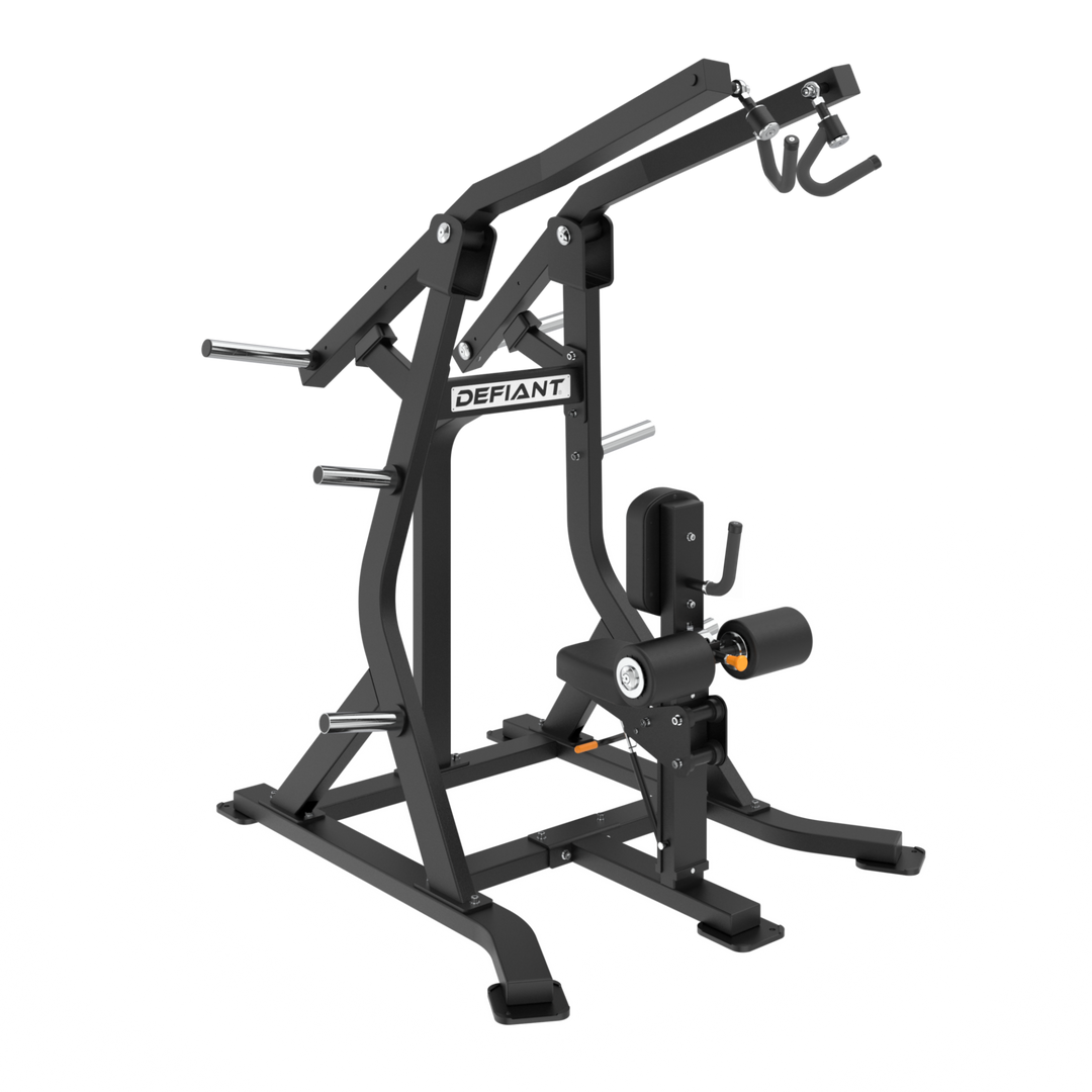 Defiant Strength plate loaded iso-lateral universal grip lat pulldown machine.