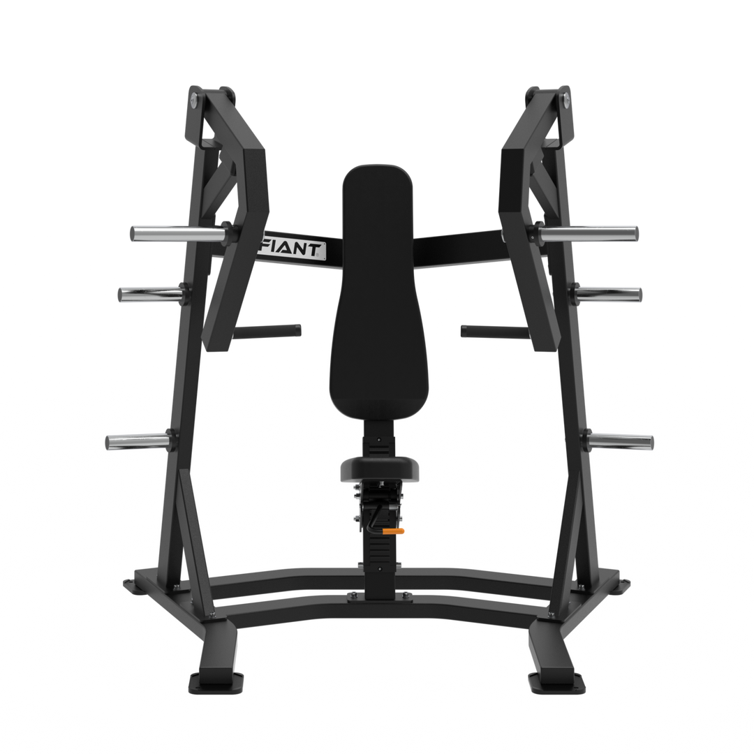 Defiant Strength plate loaded iso-lateral vertical chest press machine with adjustable seat and storage horns.