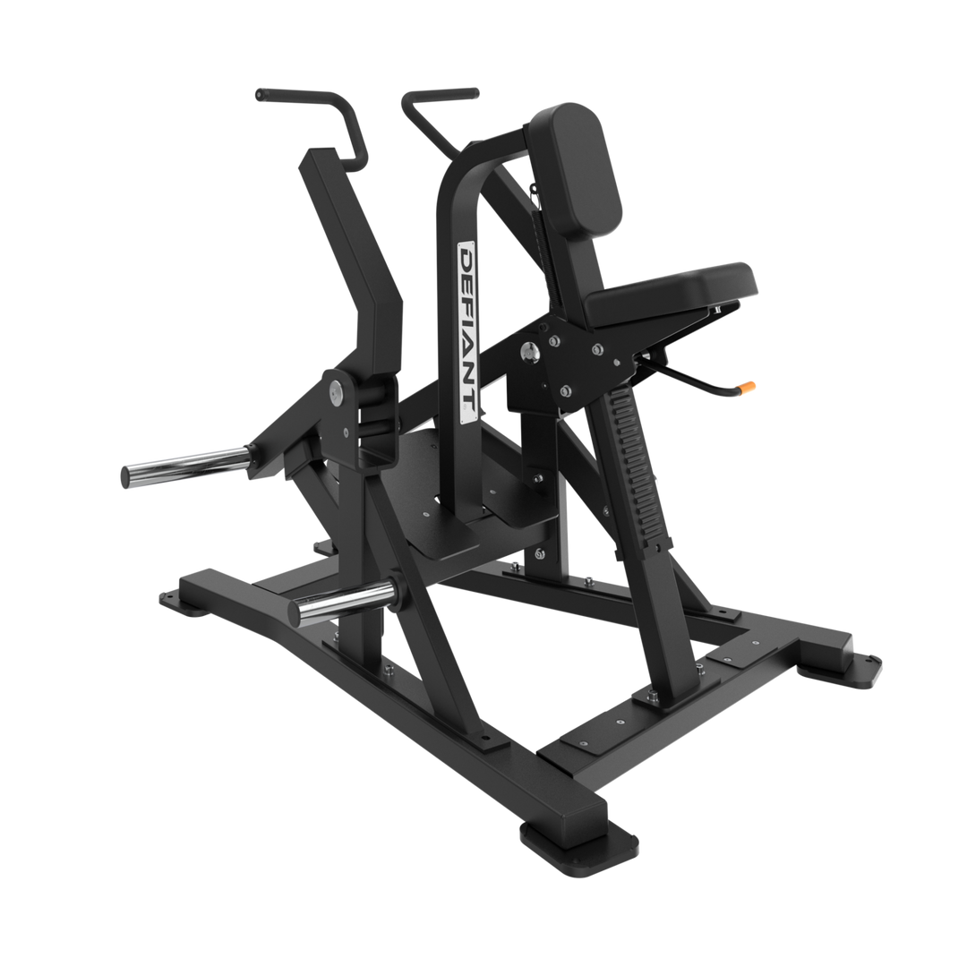 Defiant Strength plate loaded iso-lateral vertical row with adjustable seat and independent rowing arms.