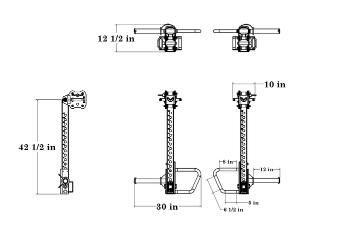 Dimension drawing of Defiant Strength jammer arms showing overall height, width, and length.