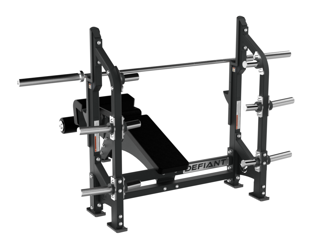 Defiant Strength Olympic decline bench with integrated bar supports and weight plate storage for commercial gyms.