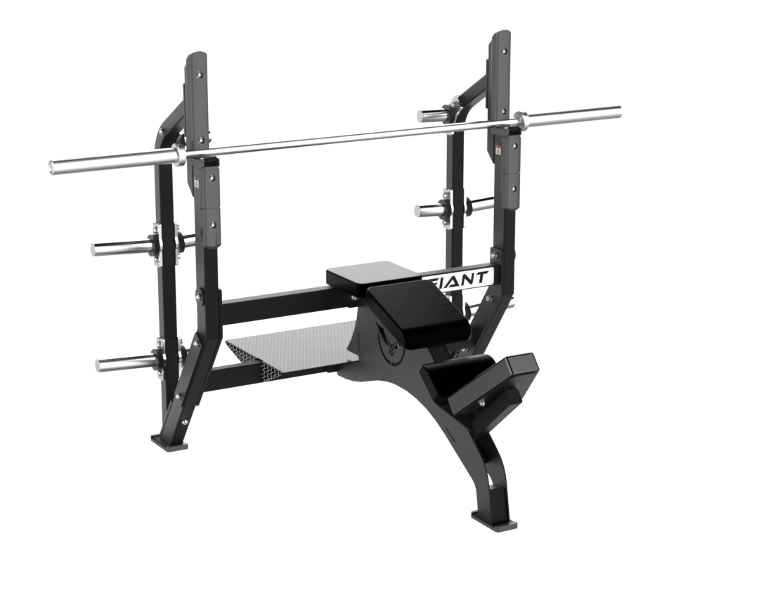 Defiant Strength Olympic incline bench with ratcheting seat and spotter platform.