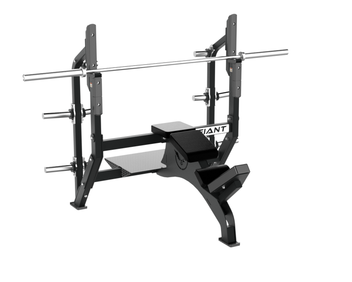 Defiant Strength Olympic incline bench with ratcheting seat and spotter platform.