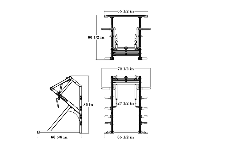 Defiant Strength Plate Loaded Ground Base Jammer dimensional drawing showing overall height, width, length, and equipment footprint.