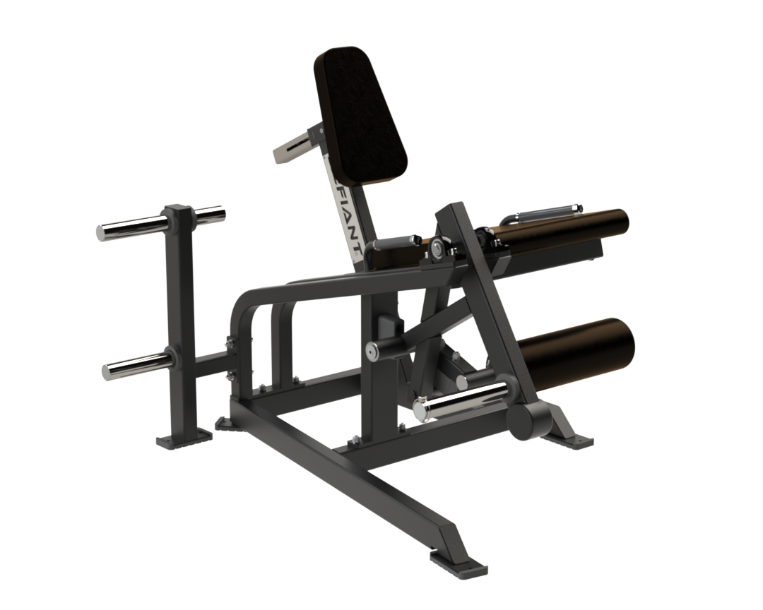 Defiant Strength plate loaded leg extension machine with adjustable seat and weight horn.