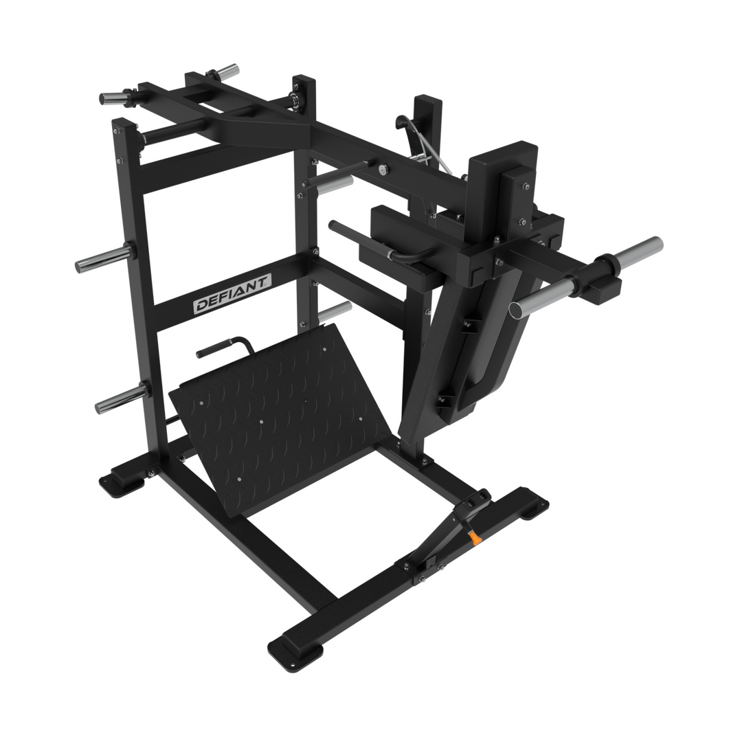 Defiant Strength plate loaded pendulum squat machine with large footplate and weight storage pegs.