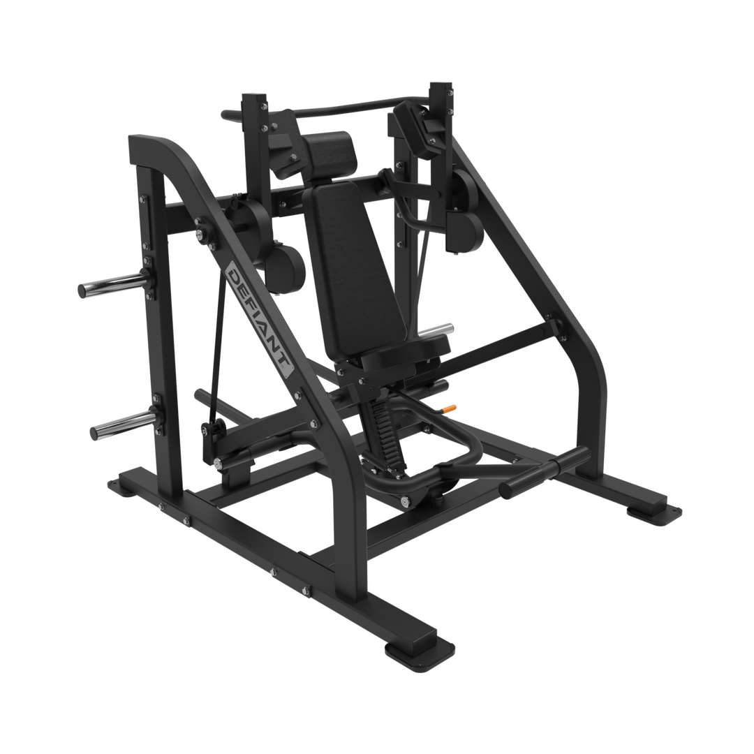 Defiant Strength plate loaded pullover machine with ergonomic seat and integrated weight storage pegs.