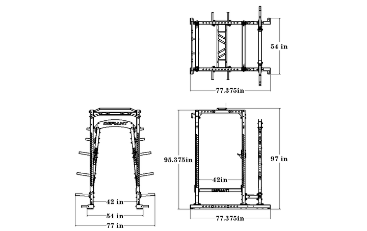 Technical dimension drawing showing the overall measurements of the Defiant Strength commercial power rack.