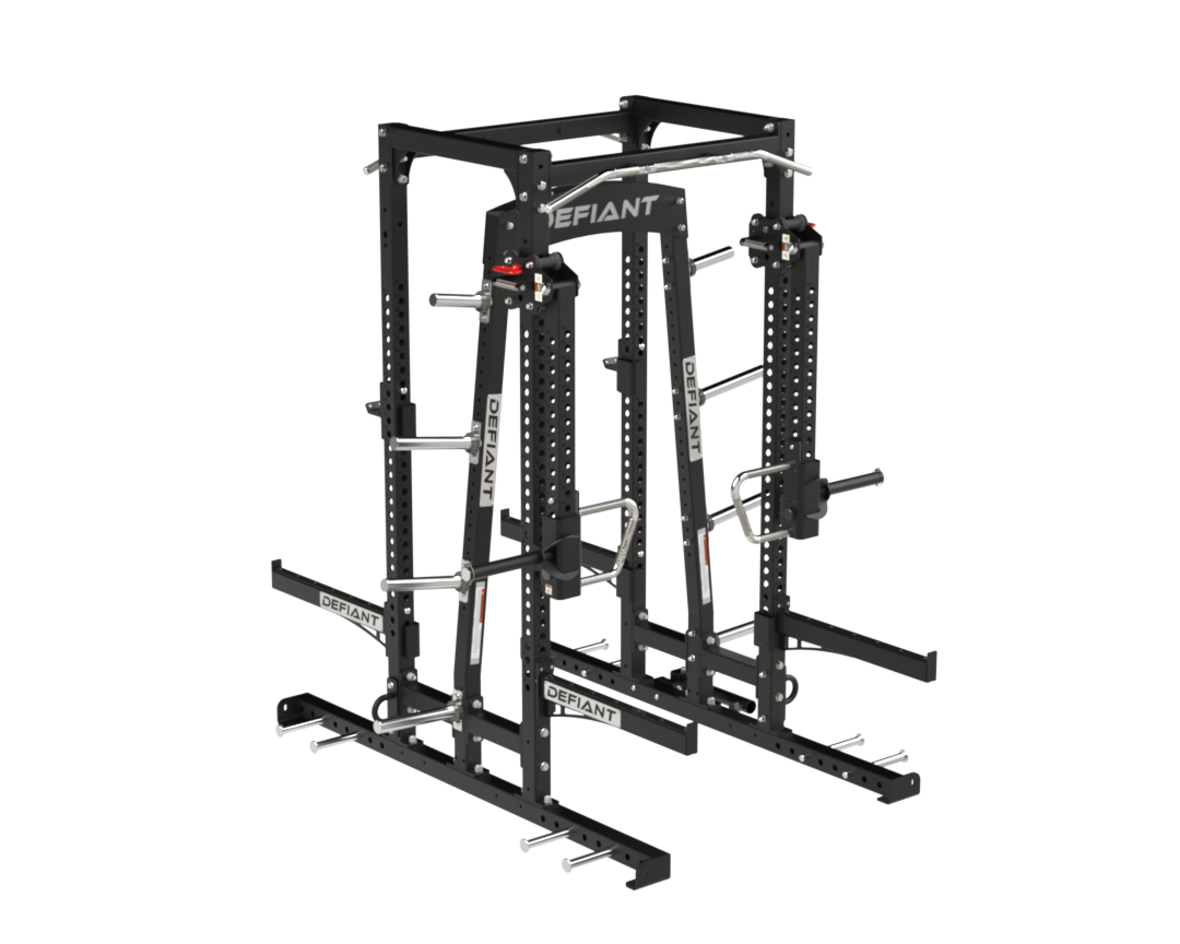 Defiant Strength power rack equipped with adjustable jammer arms for push and pull strength training.