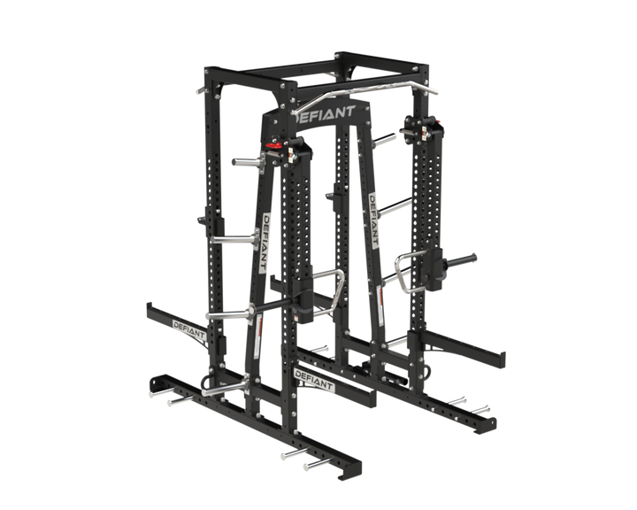 Defiant Strength power rack equipped with adjustable jammer arms for push and pull strength training.